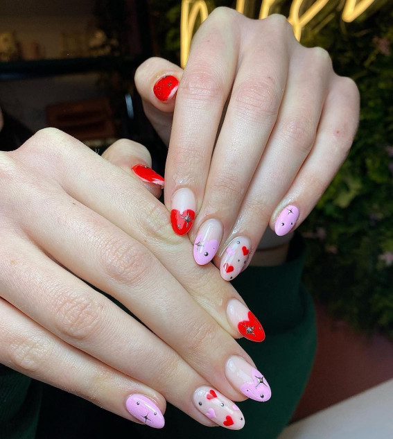 pink and red valentines day nails, red tip nails, love heart nails ,valentines day nails 2022