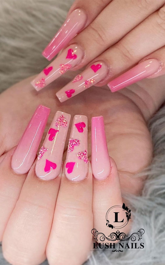 35 Cute Valentine’s Day Nails You’ll Want To Wear : Ombre Pink & Pink Heart Nails