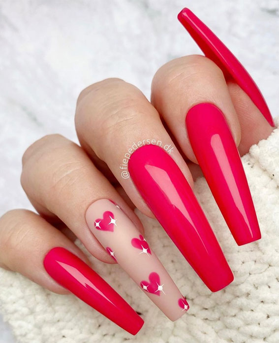 35 Cute Valentine’s Day Nails You’ll Want To Wear : Pink Coffin Long Nails