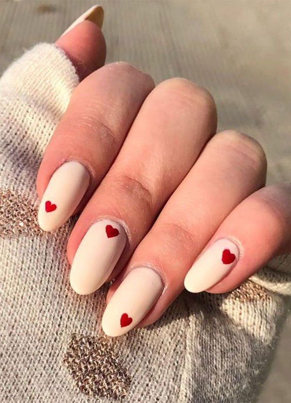 35 Cute Valentine's Day Nails You'll Want To Wear : Simple Nude Nails Red  Heart 1 - Fab Mood | Wedding Colours, Wedding Themes, Wedding colour  palettes