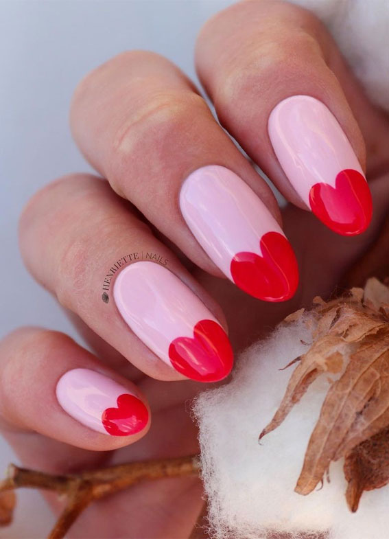 red heart tip nails, valentine nails, red tip heart nails