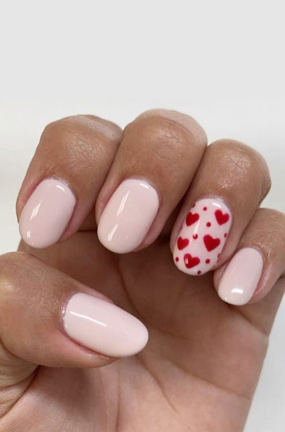 35 Cute Valentine’s Day Nails You’ll Want To Wear : Small Red Heart Pink Nails