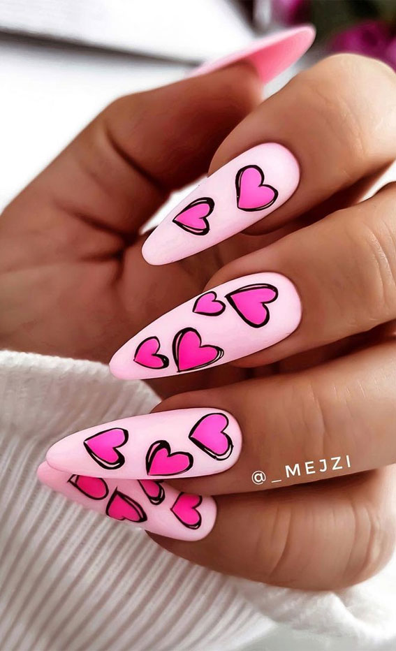 bright pink heart nails, valentine nails, pink heart nails, love heart nails, pink love heart nails 2022, valentine nails 2022