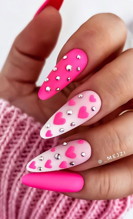 pink heart, pink heart nails, valentine nails 2022, love heart nails