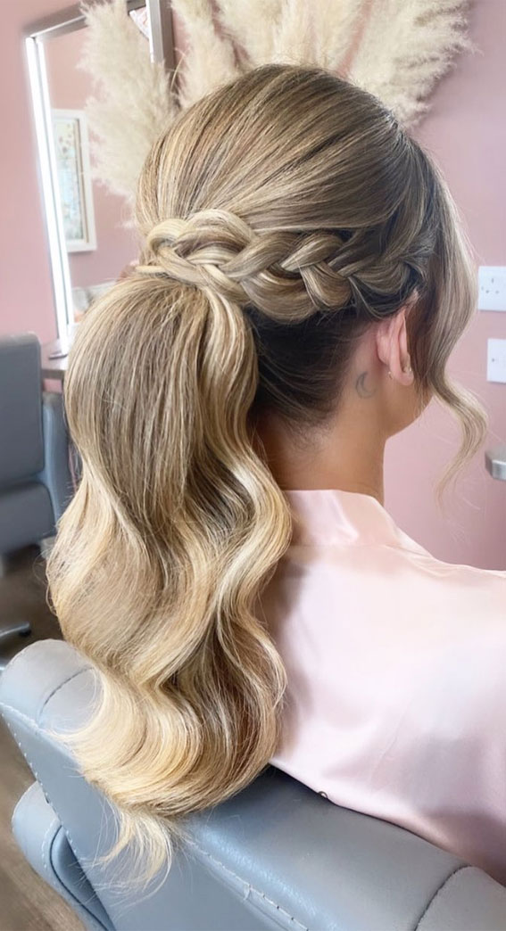 braided ponytail, blonde ponytail, high ponytail, prom hairstyle prom ponytail