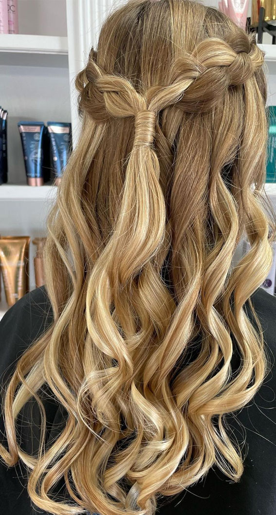 textured half up half down, braid half up, prom hairstyles 2022, prom hairstyle, prom hairstyle down, hair down prom hairstyle, prom upstyles, half up half down prom, glam hollywood hairstyle, messy updo prom, prom updo, best prom hairstyles, ponytail prom hairstyle