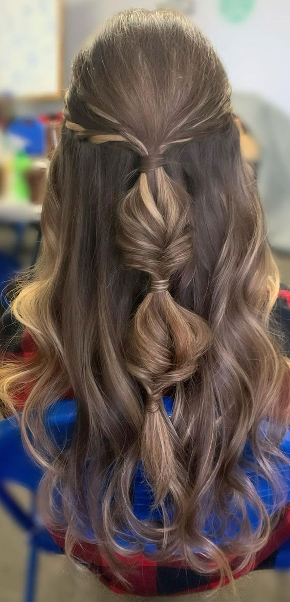faux fishtail braid hair down, textured half up half down, braid half up, prom hairstyles 2022, prom hairstyle, prom hairstyle down, hair down prom hairstyle, prom upstyles, half up half down prom, glam hollywood hairstyle, messy updo prom, prom updo, best prom hairstyles, ponytail prom hairstyle