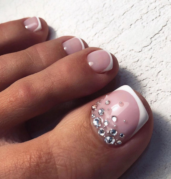 50 Best Wedding Toe Nails : French Tip + Rhinestone Scatters