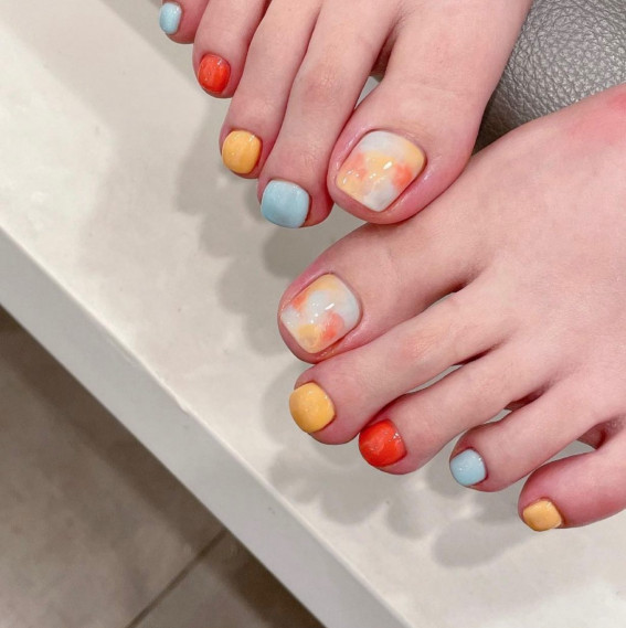 50 Cute Summer Toe Nails for 2022 : Different Colour Toe Nails on Each Nail