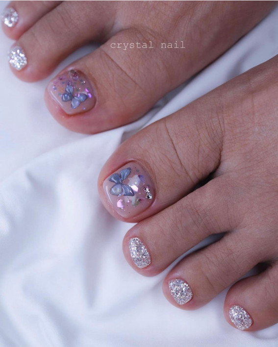 50 Cute Summer Toe Nails for 2022 : Glittery + Natural Nails with Butterfly