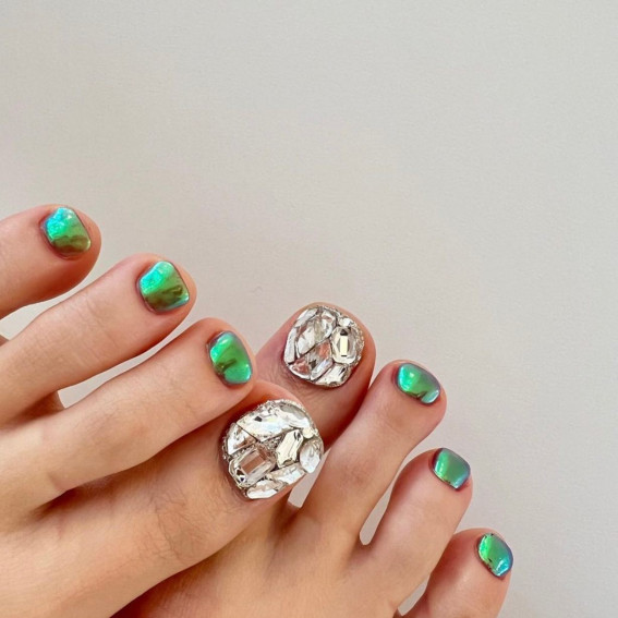 50 Cute Summer Toe Nails for 2022 : Crystal Embellishment + Green Chrome
