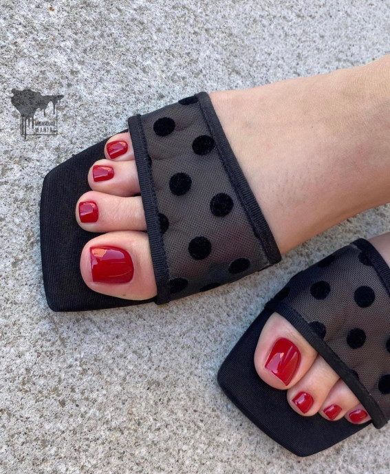 50 Trendy Pedicure Designs To Dress Up Your Toe Nails : Red Color Toe Nails