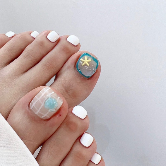 50 Cute Summer Toe Nails for 2022 : Star Fish Teal & White Beach Inspired