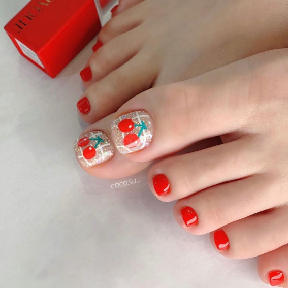 50 Cute Summer Toe Nails for 2022 : Red + Cherry Glitter Toe Nails