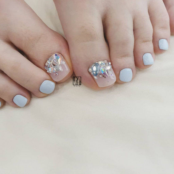 50 Best Wedding Toe Nails : Soft Blue + Jewel Encrusted