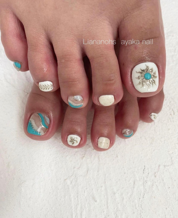 50 Cute Summer Toe Nails for 2022 : Jewel Stone Aqua and White