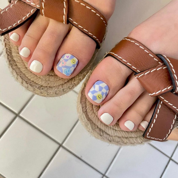 50 Trendy Pedicure Designs To Dress Up Your Toe Nails : Blue and White Abstract Checkerboard