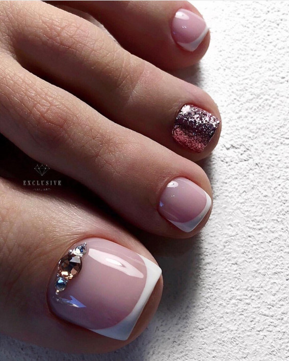 50 Best Wedding Toe Nails : Rose Gold Glitter + French Tip Toe Nails