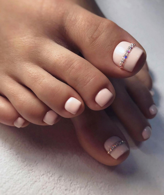 50 Best Wedding Toe Nails : Minimalist Soft Pink Toe Nails with Tiny Jewels
