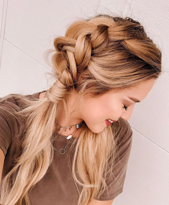 42 Cute and Easy Summer Hairstyles for 2022 : Chunky Double Dutch Pigtail Braids