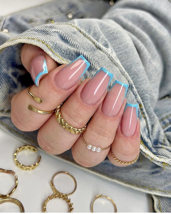 31 Cute Sky Blue French Tip Nails : Blue Borders