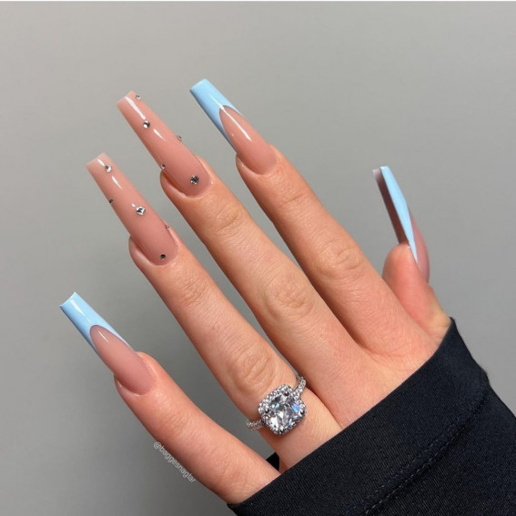 31 Cute Sky Blue French Tip Nails : Blue French Nude Nails with Rhinestones