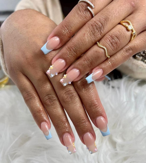 31 Cute Sky Blue French Tip Nails : 3D Flowers + French Tips