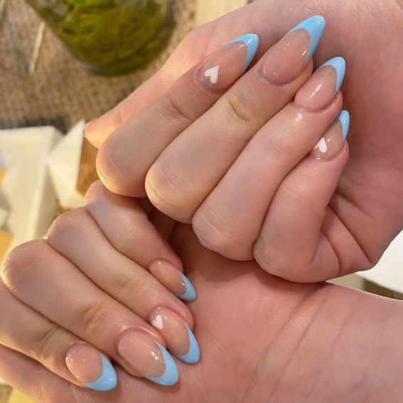 31 Cute Sky Blue French Tip Nails : Blue French + Love Heart