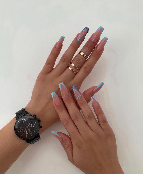 31 Cute Sky Blue French Tip Nails : Blue Dots + Blue V French Tips