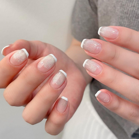 40 Pretty Summer Nails To Wear Right Now : White Tips + Shimmery Nails