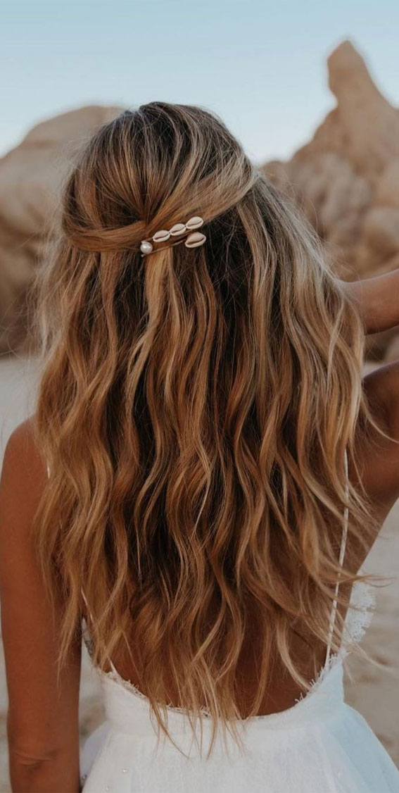 42 Cute and Easy Summer Hairstyles for 2022 : Half Up Undone Beach Waves