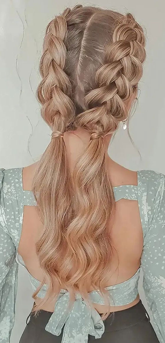 42 Cute and Easy Summer Hairstyles for 2022 : Golden Blonde Dutch Double Braids