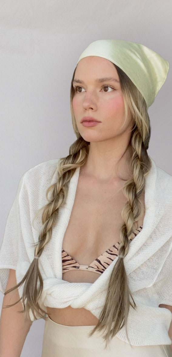 42 Cute and Easy Summer Hairstyles for 2022 : Twisted Pigtails + Bandana