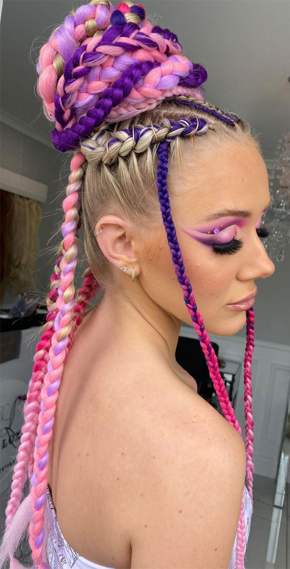 40 Cute Festival Hair Ideas To Rock : Pink and Purple Braided Bun