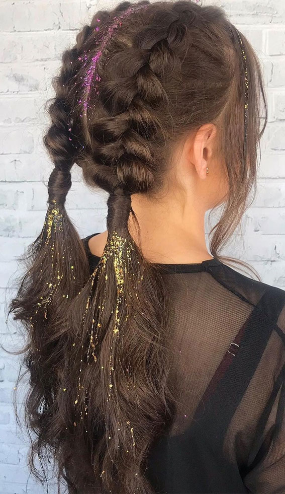 40 Cute Festival Hair Ideas To Rock : Dutch Braid Pigtails + Glitter