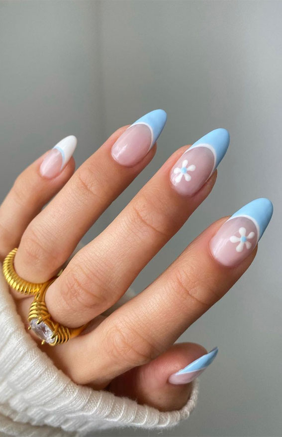 31 Cute Sky Blue French Tip Nails : Blue Frenchies + Flower