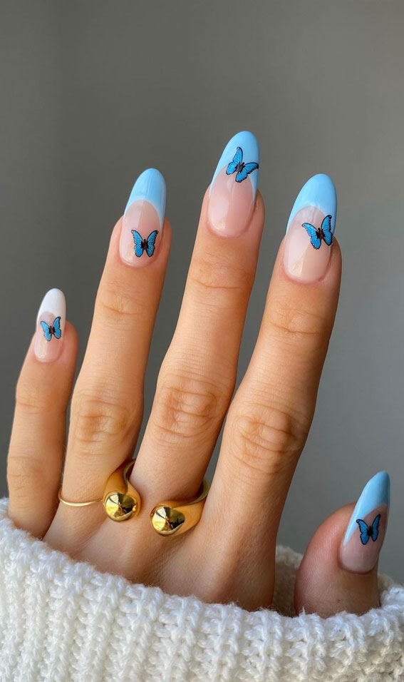31 Cute Sky Blue French Tip Nails : Black Butterfly