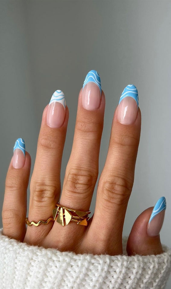 31 Cute Sky Blue French Tip Nails : Summer Waves