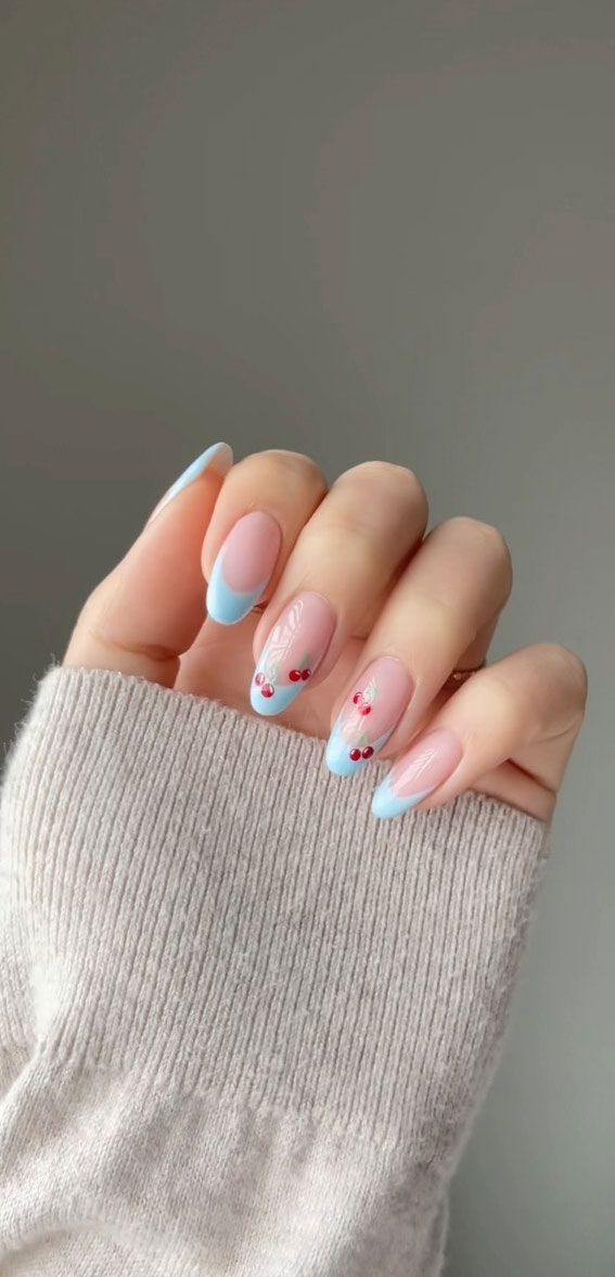 31 Cute Sky Blue French Tip Nails : Blue Frenchies with Cherries
