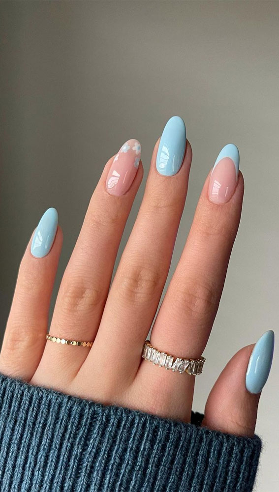 31 Cute Sky Blue French Tip Nails : Flower + Blue French Tips