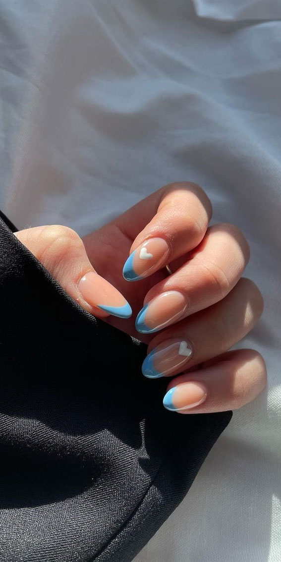 31 Cute Sky Blue French Tip Nails : Blue French Tips + White Love Hearts