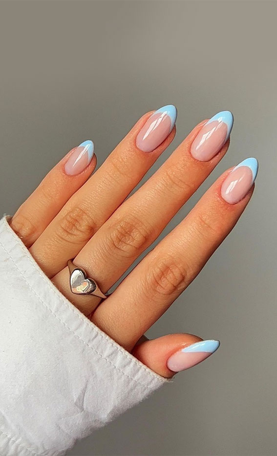 french tip nails, summer french tip nails, sky blue french tip nails, sky blue frenchies, sky blue tip nails, blue sky nails, blue sky french tip nails, light blue french tip nails, summer nail trends 2022, summer nail designs