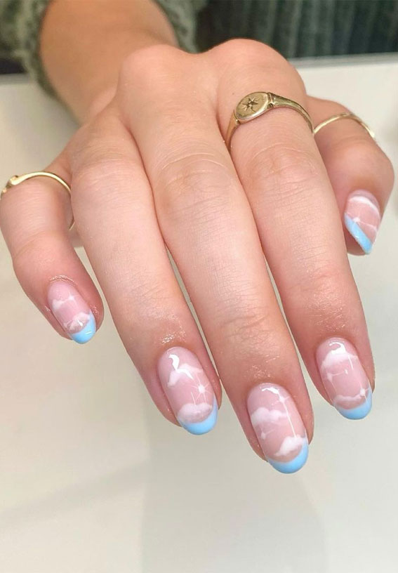 31 Cute Sky Blue French Tip Nails : Little Fluffy Clouds