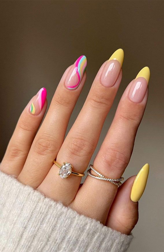 40 Pretty Summer Nails To Wear Right Now : Swirl + Yellow French Tips