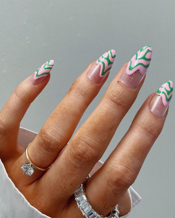 40 Pretty Summer Nails To Wear Right Now : Green Swirl Pink Tips