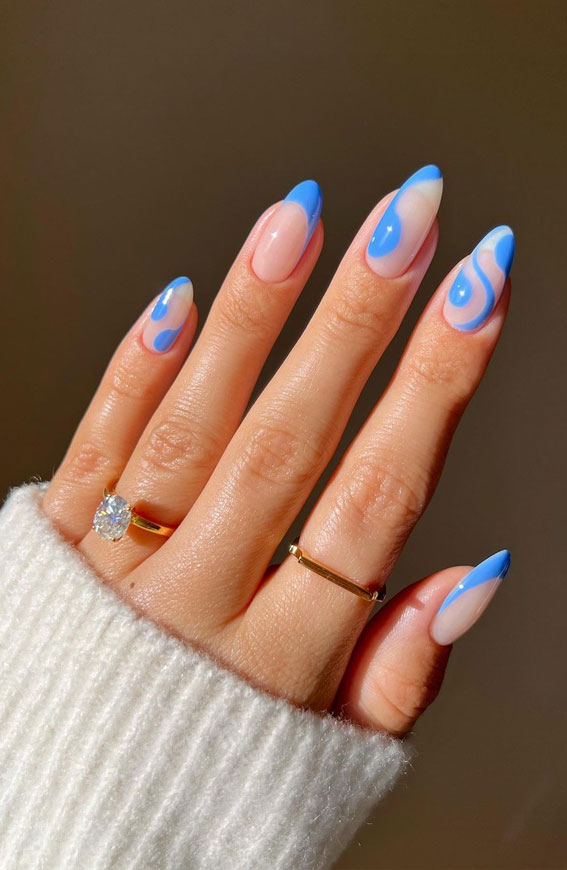 40 Pretty Summer Nails To Wear Right Now : Sky Blue Swirl Almond Nails