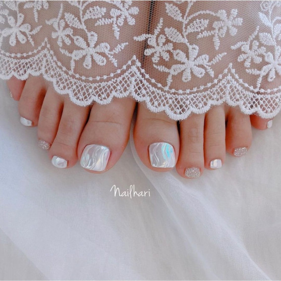 50 Best Wedding Toe Nails : White Holographic