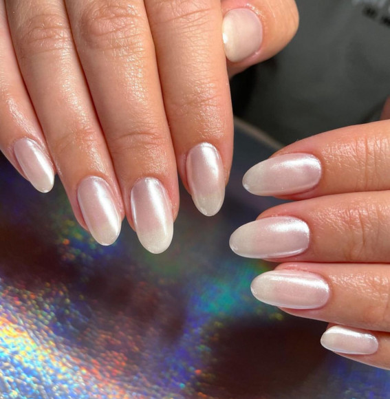 33 Hailey Bieber Glazed Donut Nails : Shimmery Nude Pearl Nails 1