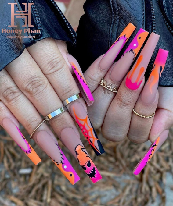 47 Cute & Spooky Halloween Nail Ideas 2022 : Orange and Pink Halloween Acrylic Nails