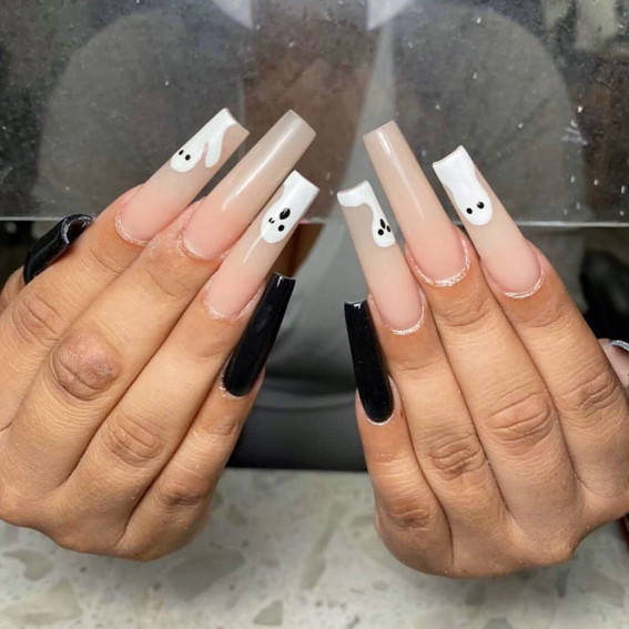 47 Cute & Spooky Halloween Nail Ideas 2022 : Ombre Nude Nails with Little Ghosties